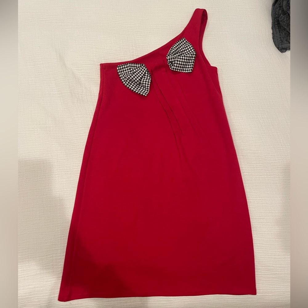 Red One Shoulder Dress with Houndstooth Bow